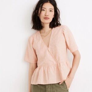 Madewell Crossover Peplum Top Antique Coral Short Sleeve V-Neck Size XS Cotton